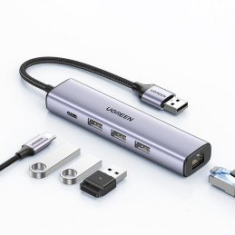 „Ugreen“ daugiafunkcis adapteris, šakotuvas USB 3.0 - 3 x USB / Ethernet RJ-45 / USB Type C, pilkas (CM475)