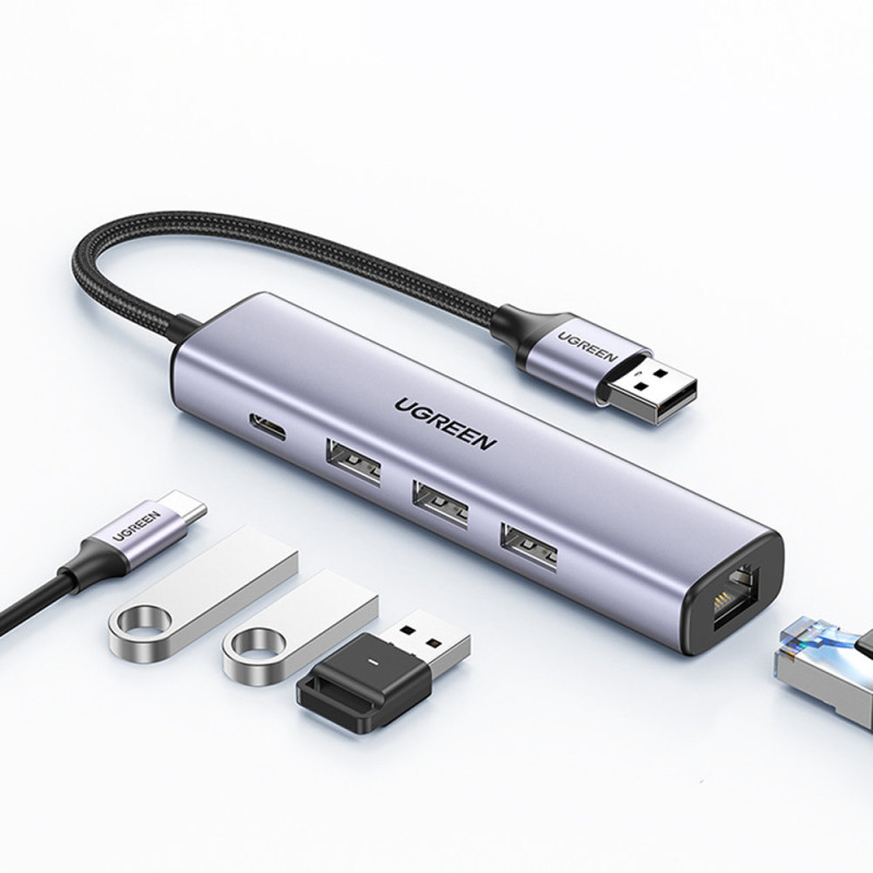 „Ugreen“ daugiafunkcis adapteris, šakotuvas USB 3.0 - 3 x USB / Ethernet RJ-45 / USB Type C, pilkas (CM475)