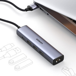 „Ugreen“ daugiafunkcis adapteris, šakotuvas USB 3.0 - 3 x USB / Ethernet RJ-45 / USB Type C, pilkas (CM475)
