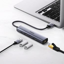 „Ugreen“ daugiafunkcis adapteris, šakotuvas USB 3.0 - 3 x USB / Ethernet RJ-45 / USB Type C, pilkas (CM475)