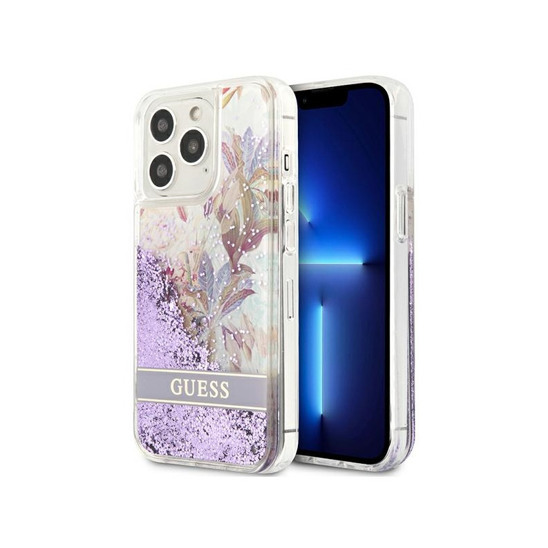 Guess GUHCP13LLFLSU iPhone 13 Pro / 13 6.1" violetinis/ violetinis kietas dėklas su gėlių blizgučiais