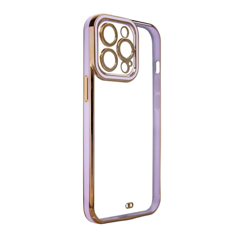 Madingas „iPhone 13 Pro“ gelio dėklas su auksiniu rėmeliu, violetinis