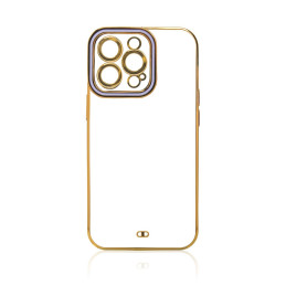 Madingas „iPhone 13 Pro“ gelio dėklas su auksiniu rėmeliu, violetinis