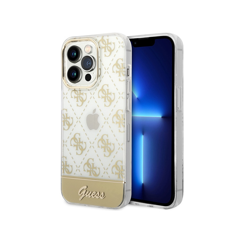 „Guess“ GUHCP14LHG4MHG iPhone 14 Pro 6.1" auksinis/ auksinis kietas dėklas 4G Pattern Script