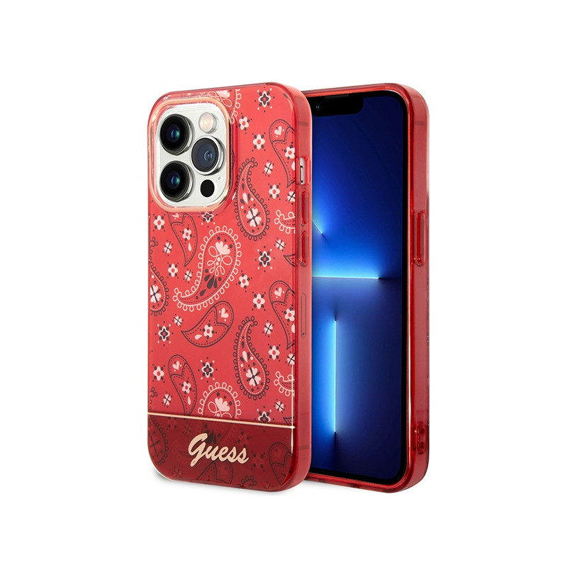 „Guess“ „Bandana Paisley“ dėklas iPhone 14 Pro 6.1" telefonui – raudonas