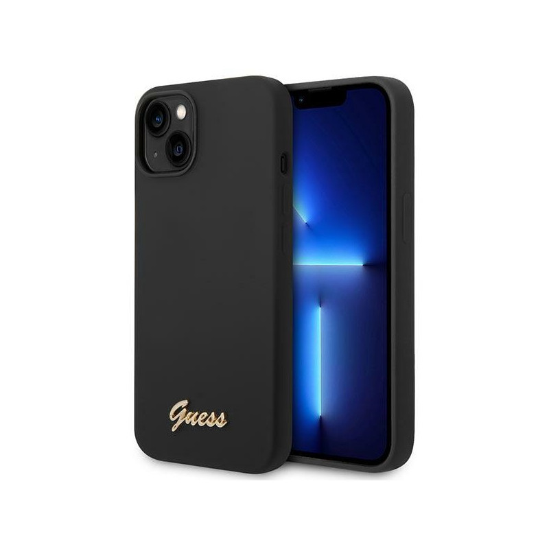 „Guess“ silikoninis „Vintage“ auksinis „iPhone 14“ dėklas – juodas