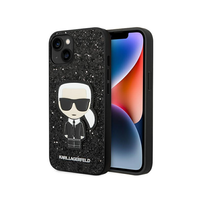 Karl Lagerfeld blizgučių dribsnių Ikonik dėklas, skirtas iPhone 14 Plus - juodas