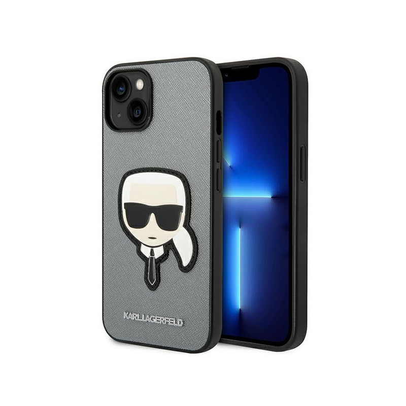 „Karl Lagerfeld Saffiano Karl& 39 s Head Patch“ dėklas, skirtas „iPhone 14“ – sidabrinis