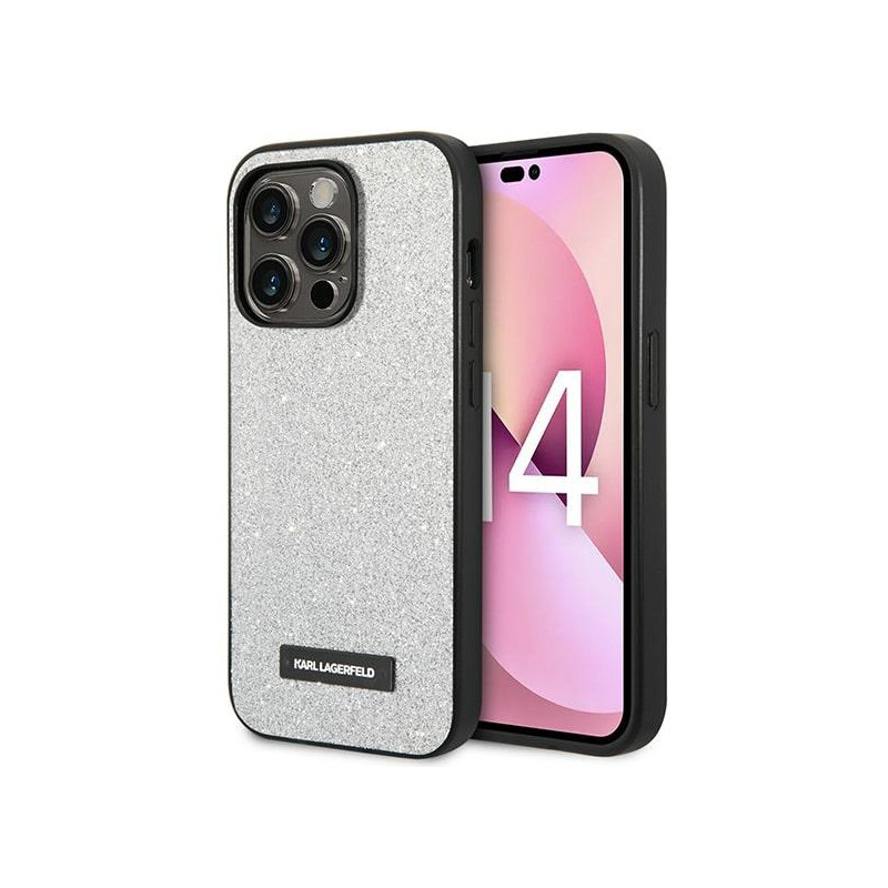 Karl Lagerfeld KLHCP14XG2ELS iPhone 14 Pro Max 6.7" kietas dėklas, sidabrinis/ sidabrinis, blizgučių plaketės logotipas