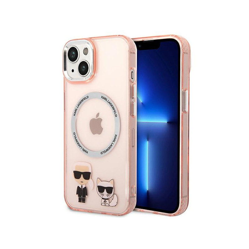„Karl Lagerfeld Karl&Choupette“ aliumininis „MagSafe iPhone 14 Plus“ dėklas – rožinis