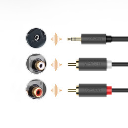 Ugreen AV102 10511 kabelis 3,5 mm mini lizdas (vyras) / 2RCA (vyras) 1,5 m - pilkas