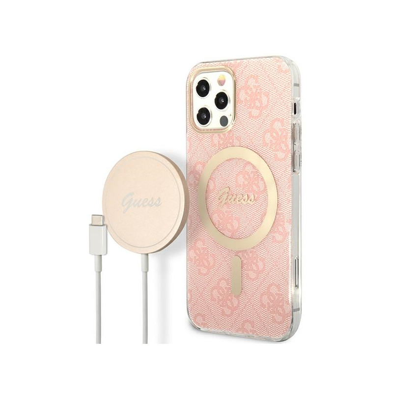 „Guess 4G Print MagSafe“ dėklas, skirtas „iPhone 12“ / „iPhone 12 Pro“ + belaidis įkroviklis – rožinis