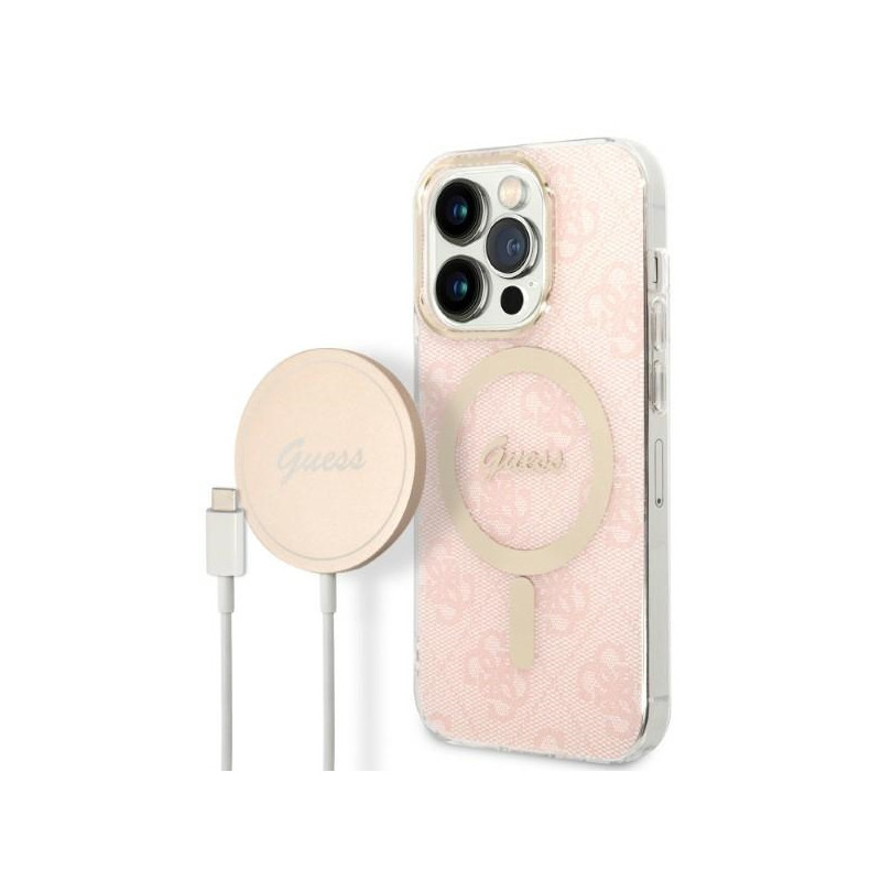 „Guess 4G Print MagSafe“ dėklas ir įkroviklio rinkinys, skirtas „iPhone 14 Pro Max 6.7“ – rožinis