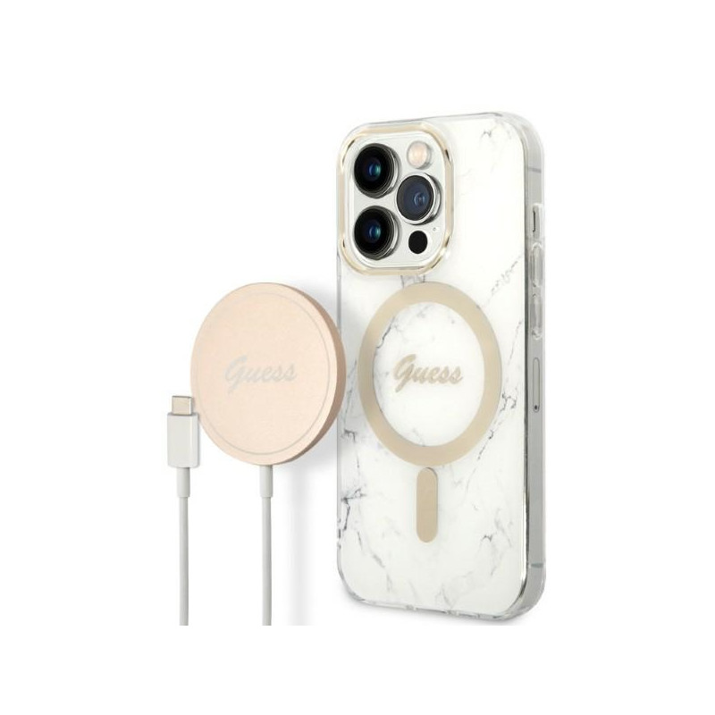 „Guess Marble MagSafe“ dėklas ir įkroviklio rinkinys, skirtas „iPhone 14 Pro Max 6.7“ – baltas