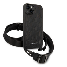 Karl Lagerfeld monogramos plaketės logotipo dirželis iPhone 14 Plus dėklas – juodas