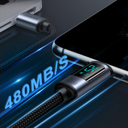 „Joyroom Prism“ serijos A16 USB-C / USB-C 100W 1,2 m laidas su LED ekranu - juodas