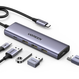 Daugiafunkcinis šakotuvas 5in1 USB-C - HDMI 1.4 / 3 x USB-A / USB-C PD 100W Ugreen CM511 - pilkas