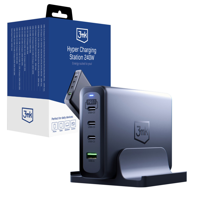 3mk Hyper įkrovimo stotelė 240W 3x USB-C 1x USB-A - sidabrinė