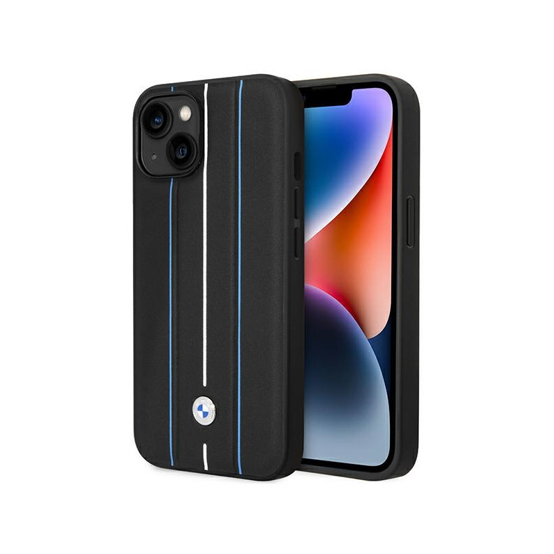 BMW odinis iPhone 14 dėklas su mėlynomis linijomis – juodas