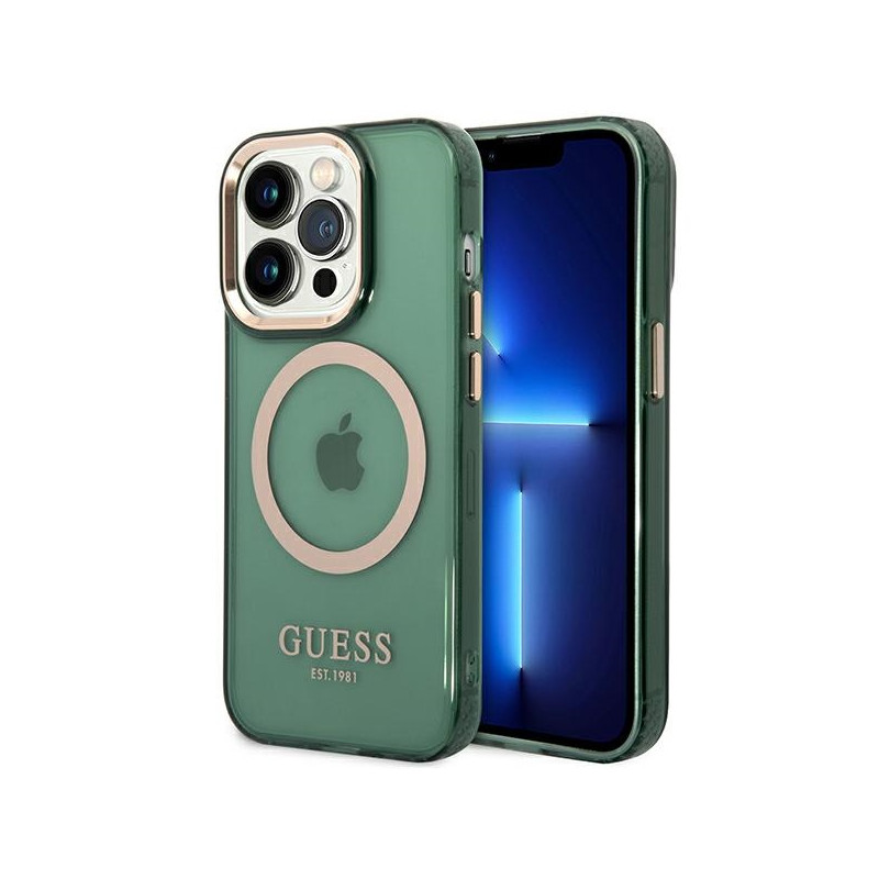 „Guess“ auksinis permatomas „MagSafe iPhone 14 Pro“ dėklas – žalias