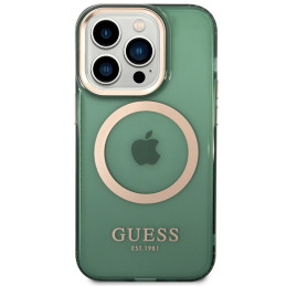 „Guess“ auksinis permatomas „MagSafe iPhone 14 Pro“ dėklas – žalias
