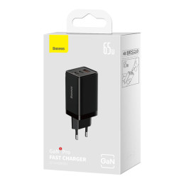 Greitas GaN tinklo įkroviklis 2xUSB C 1xUSB 65W Baseus GaN5 Pro + USB C - USB C 100W laidas - juodas