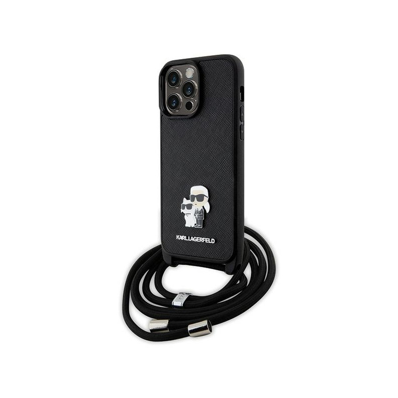 „Karl Lagerfeld“ per petį nešiojamas „Saffiano“ metalinis „Karl&Choupette“ dėklas, skirtas „iPhone 14 Pro Max“ – juodas