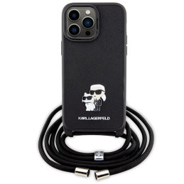 „Karl Lagerfeld“ per petį nešiojamas „Saffiano“ metalinis „Karl&Choupette“ dėklas, skirtas „iPhone 14 Pro Max“ – juodas