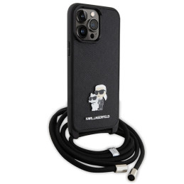 „Karl Lagerfeld“ per petį nešiojamas „Saffiano“ metalinis „Karl&Choupette“ dėklas, skirtas „iPhone 14 Pro Max“ – juodas