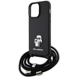 „Karl Lagerfeld“ per petį nešiojamas „Saffiano“ metalinis „Karl&Choupette“ dėklas, skirtas „iPhone 14 Pro Max“ – juodas