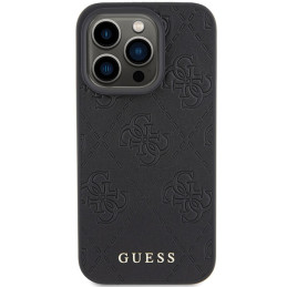 „Guess“ odinis 4G įspaustas dėklas iPhone 15 Pro telefonui – juodas