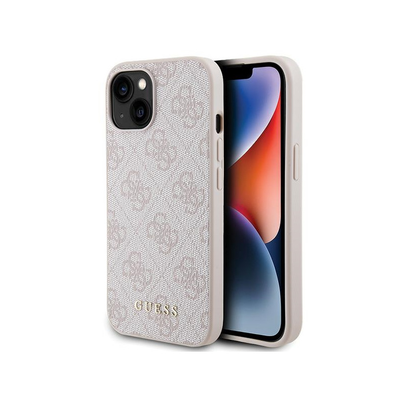 „Guess 4G Metal“ auksinis iPhone 15 dėklas – rožinis