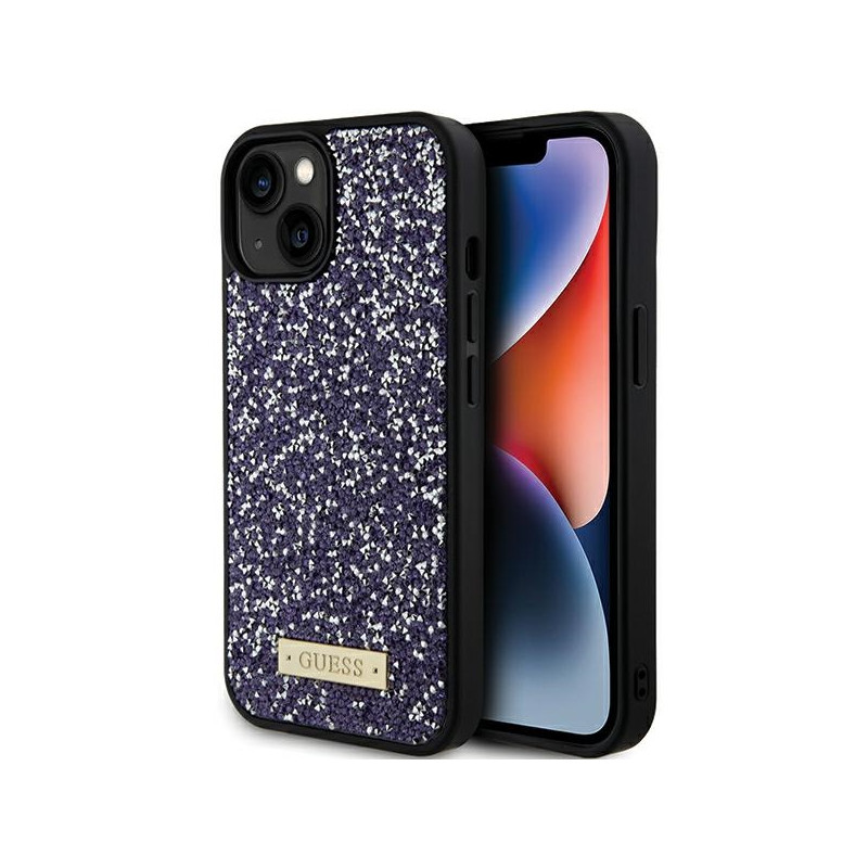 „Guess“ metalinis „Rhinestone“ logotipo dėklas iPhone 15 telefonui – rožinis