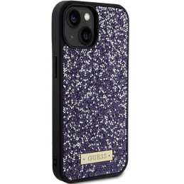 „Guess“ metalinis „Rhinestone“ logotipo dėklas iPhone 15 telefonui – rožinis