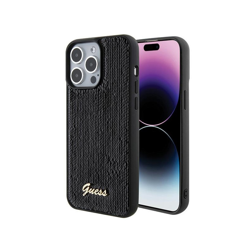 „Guess“ metalinis „Sequin Script iPhone 15 Pro Max“ dėklas – juodas „Guess“ metalinis „Sequin Script iPhone 15 Pro Max“ dėklas – juodas