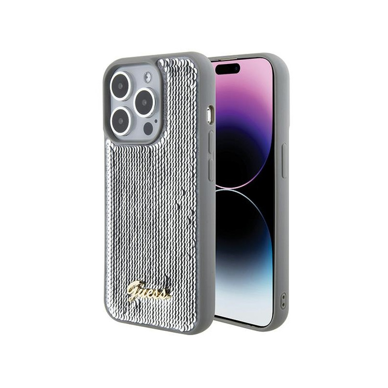„Guess“ metalinis dėklas „Sequin Script iPhone 15 Pro Max“ – sidabrinis