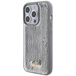 „Guess“ metalinis dėklas „Sequin Script iPhone 15 Pro Max“ – sidabrinis