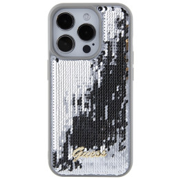 „Guess“ metalinis dėklas „Sequin Script iPhone 15 Pro Max“ – sidabrinis