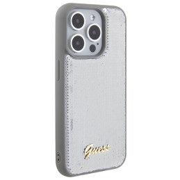 „Guess“ metalinis dėklas „Sequin Script iPhone 15 Pro Max“ – sidabrinis