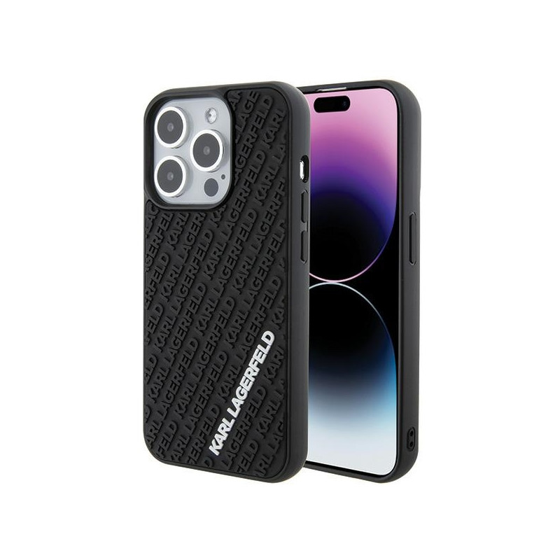 „Karl Lagerfeld“ 3D guminis dėklas su kelių logotipų rinkiniu „iPhone 15 Pro“ – juodas