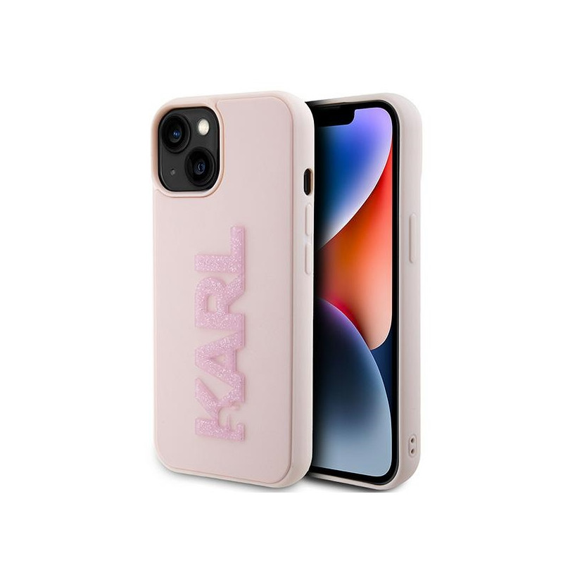 Karl Lagerfeld 3D Rubber Blizgučių Logo iPhone 15 Plus Dėklas – Rožinis