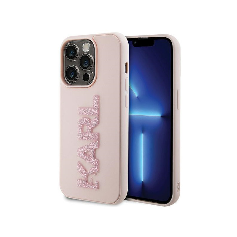 Karl Lagerfeld 3D Rubber Blizgučių Logo iPhone 15 Pro Max Dėklas - Rožinis