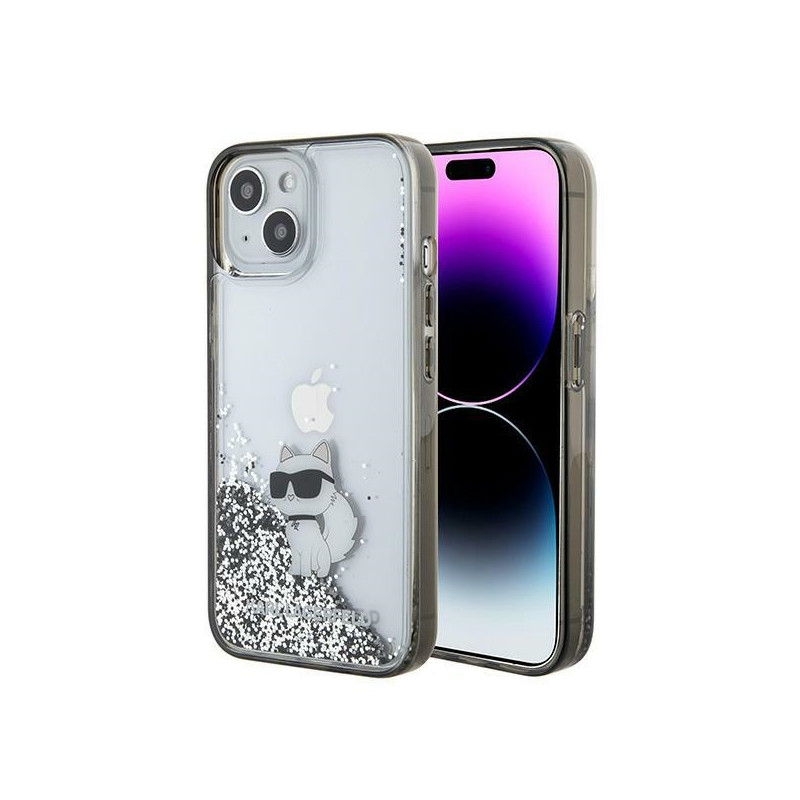 Karl Lagerfeld Liquid Blizgučiais Glitteres Choupette iPhone 15 dėklas – skaidrus