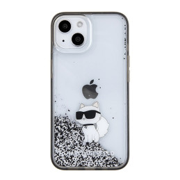 Karl Lagerfeld Liquid Blizgučiais Glitteres Choupette iPhone 15 dėklas – skaidrus