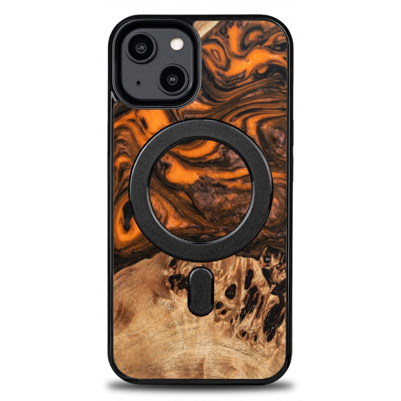 Unikalus „Bewood MagSafe“ oranžinės spalvos medžio ir dervos dėklas, skirtas „iPhone 15“ – oranžinis ir juodas