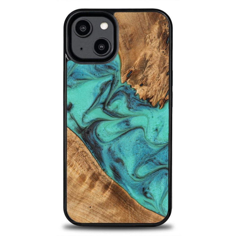Unikalus „Bewood“ turkio spalvos medžio ir dervos dėklas, skirtas „iPhone 15 Plus“ – turkio ir juodos spalvos