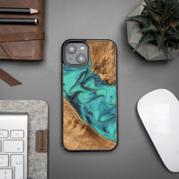 Unikalus „Bewood“ turkio spalvos medžio ir dervos dėklas, skirtas „iPhone 15 Plus“ – turkio ir juodos spalvos