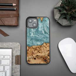 „Bewood“ unikalus urano medienos ir dervos dėklas, skirtas „iPhone 15 Plus“ – mėlynas ir baltas