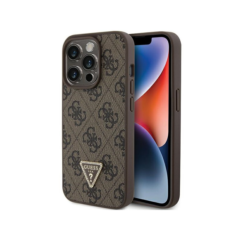 „Guess“ odinis 4G trikampio formos „Strass“ dėklas, skirtas „iPhone 15 Pro“ – rudas