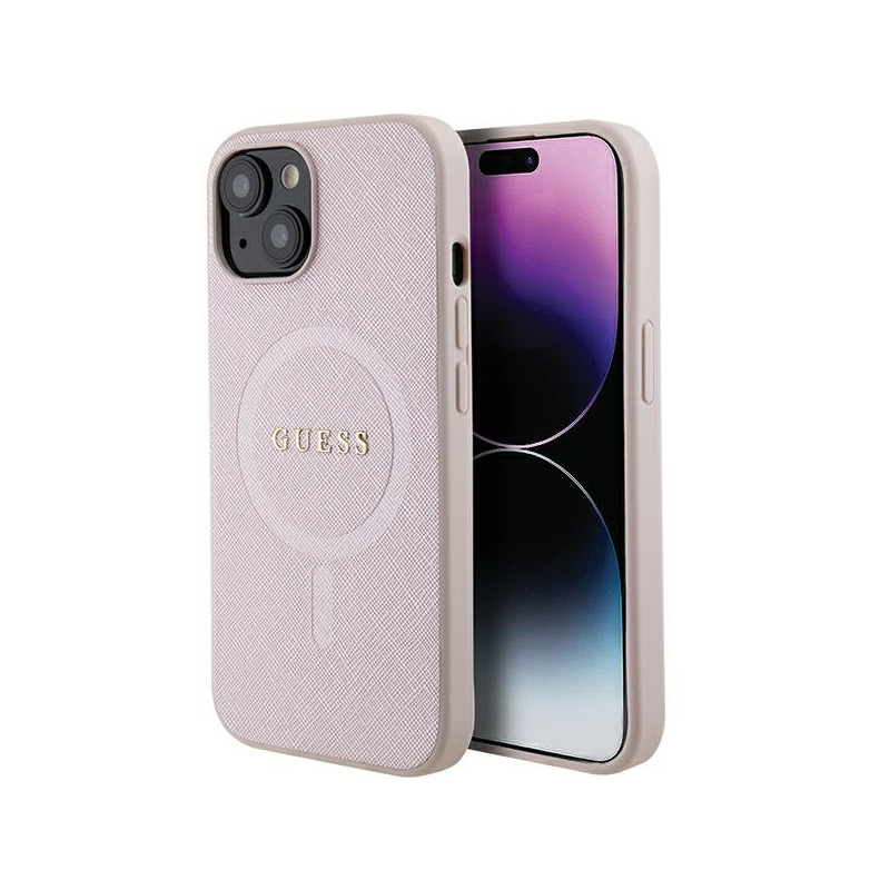 „Guess Saffiano MagSafe“ dėklas, skirtas „iPhone 15 Plus“ – rožinis